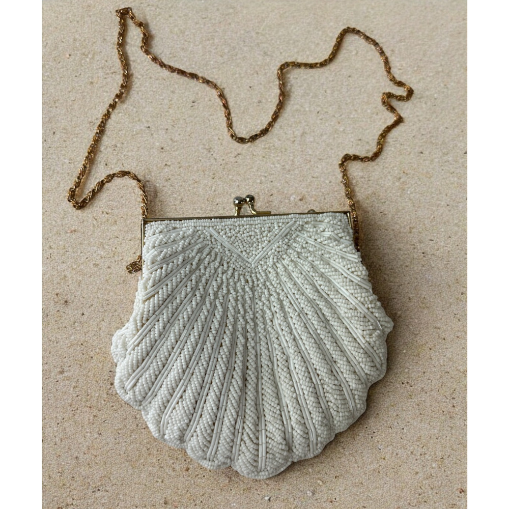 Vintage Walborg Mini Beaded Satin Clamshell Gatsby Purse Gold Color Chain Strap - Picture 13 of 13